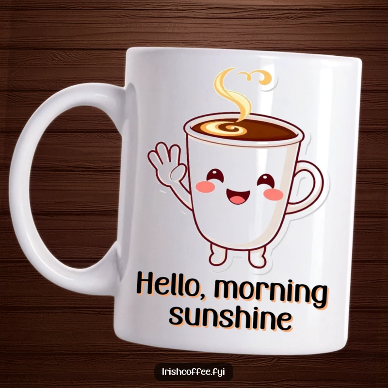 Funny smiling coffee cup character waving a happy little wave with a friendly expression, ceramic mug.