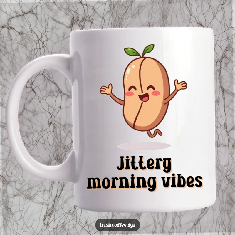 Funny coffee bean character mug doing a tiny, energetic dance with a happy expression, a lively gift.