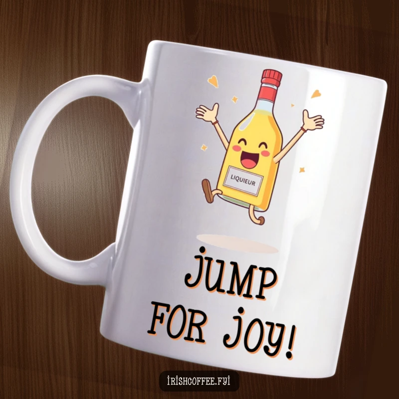 Funny mug featuring a delighted liqueur bottle mid-air, joyfully celebrating with a happy expression.