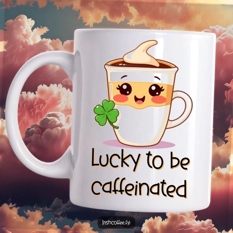 Funny coffee mug with a delighted coffee cup character wearing a tiny shamrock, celebrating luck and caffeine.