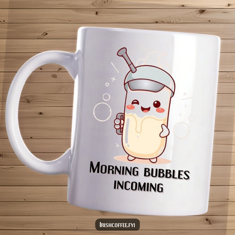 Funny smiling milk frother character, enthusiastically creating bubbly clouds, perfect for coffee lovers seeking humor.