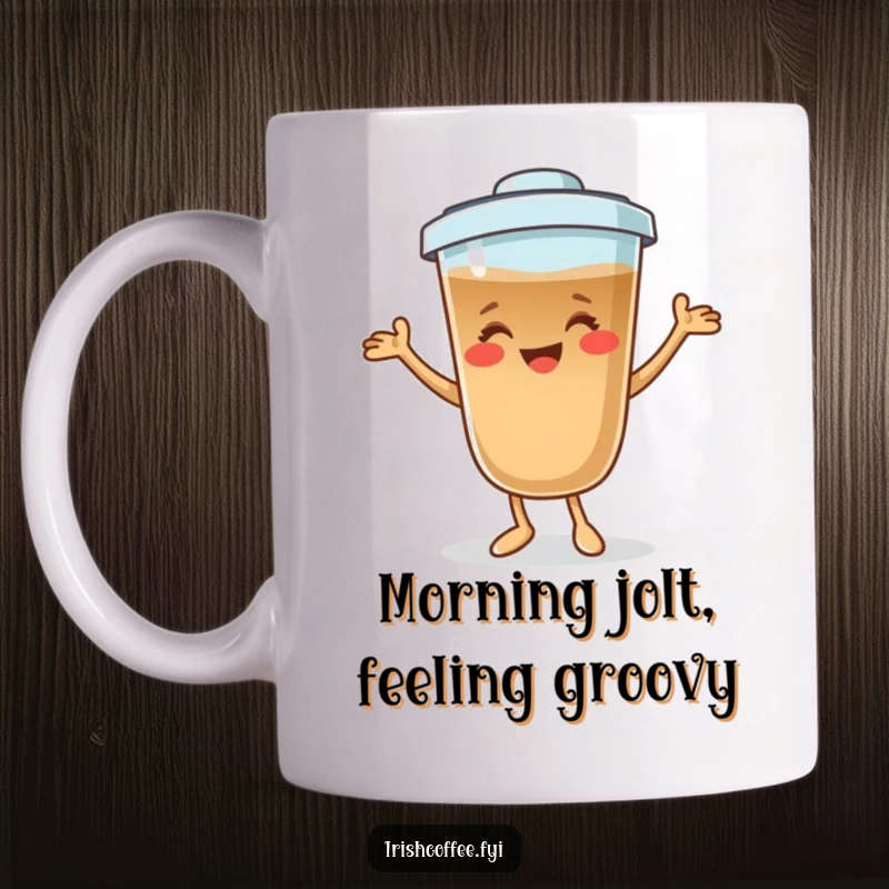 Funny coffee character mug smiling and doing a playful dance, perfect for a joyful and humorous gift.