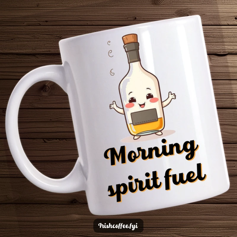 Funny coffee mug featuring a smiling whisky bottle with a wisp of steam, humorously performing a wobbly dance, perfect for spirits enthusiasts.