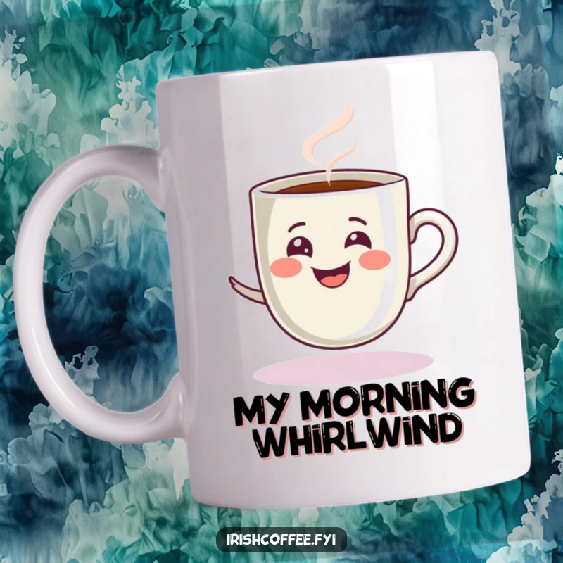 Funny mug featuring a delighted espresso cup with a steamy grin, playfully spinning, embodying energetic coffee moments.