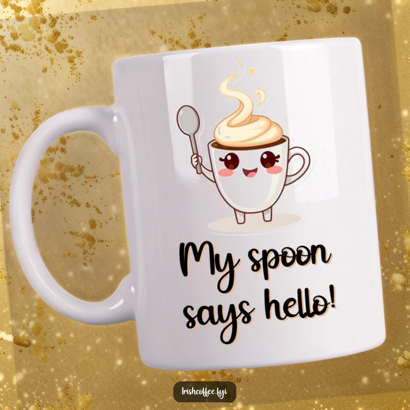 Funny coffee cup character mug cheerfully waving a spoon with a steaming swirl, perfect for a humorous morning.