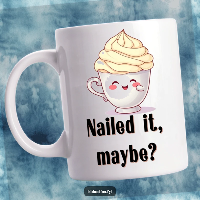 Funny cup character comically balancing a fluffy cream swirl, depicting a humorous struggle, perfect for coffee lovers, great funny gift.
