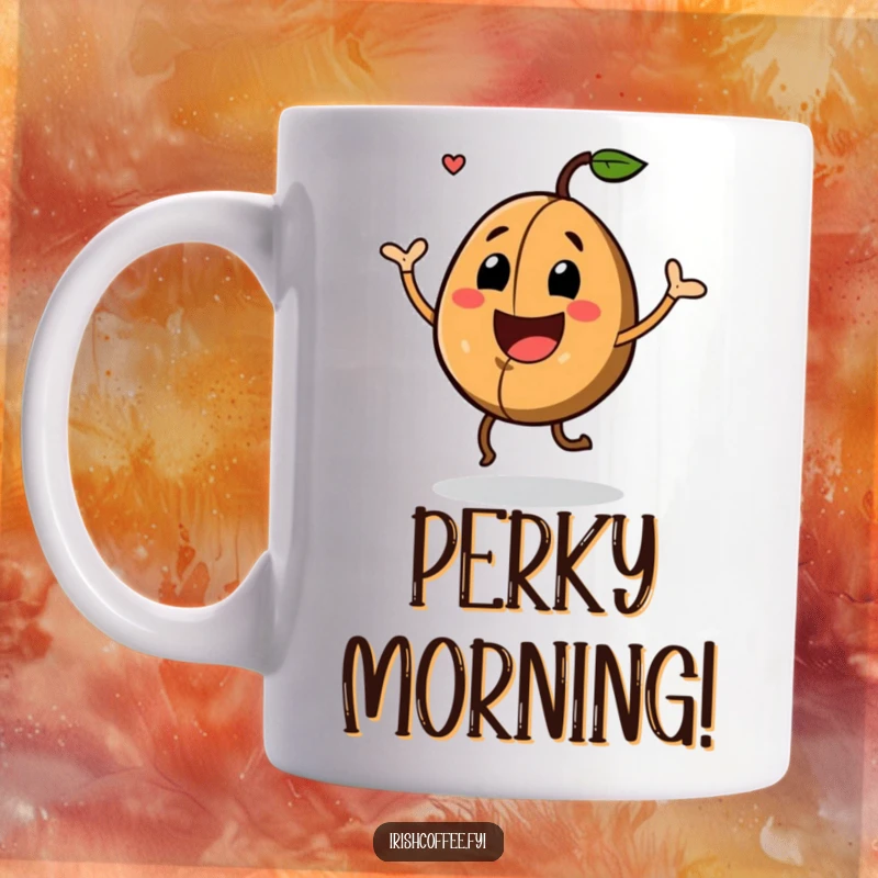 Funny Mug featuring a joyful coffee bean with a happy grin enthusiastically doing a lively jig, radiating pure happiness.