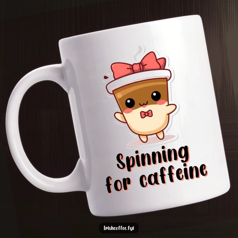 Funny playful coffee character with a bow, doing a spin, a hilarious and energizing gift for coffee enthusiasts.