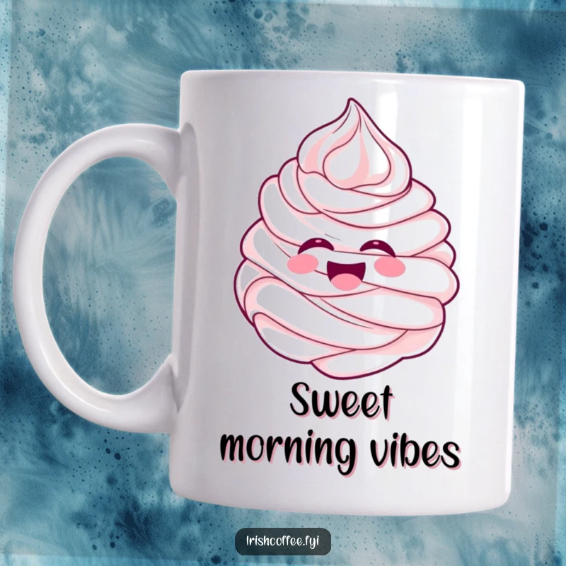 Funny cheerful whipped cream swirl character laughing with pure delight on a mug, embodying happiness and joy.