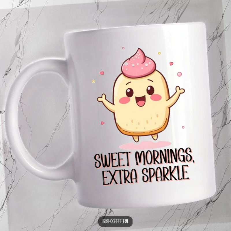 Funny mug featuring a cheerful pastry character in a playful bounce, with sugar dusting flying joyfully.