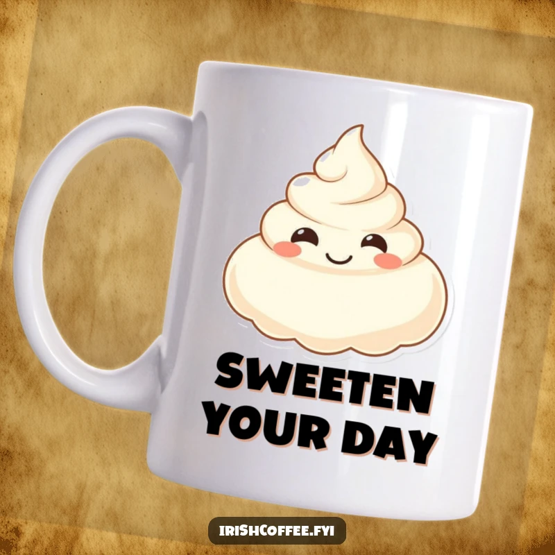 Funny mug with a smiling dollop of cream floating playfully, a sweet gift for dessert fans.
