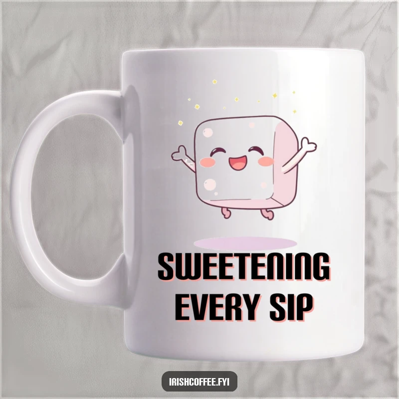 Funny coffee mug depicting a gleeful sugar cube leaping high with joy, scattering sparkling glitter, radiating pure, humorous delight.