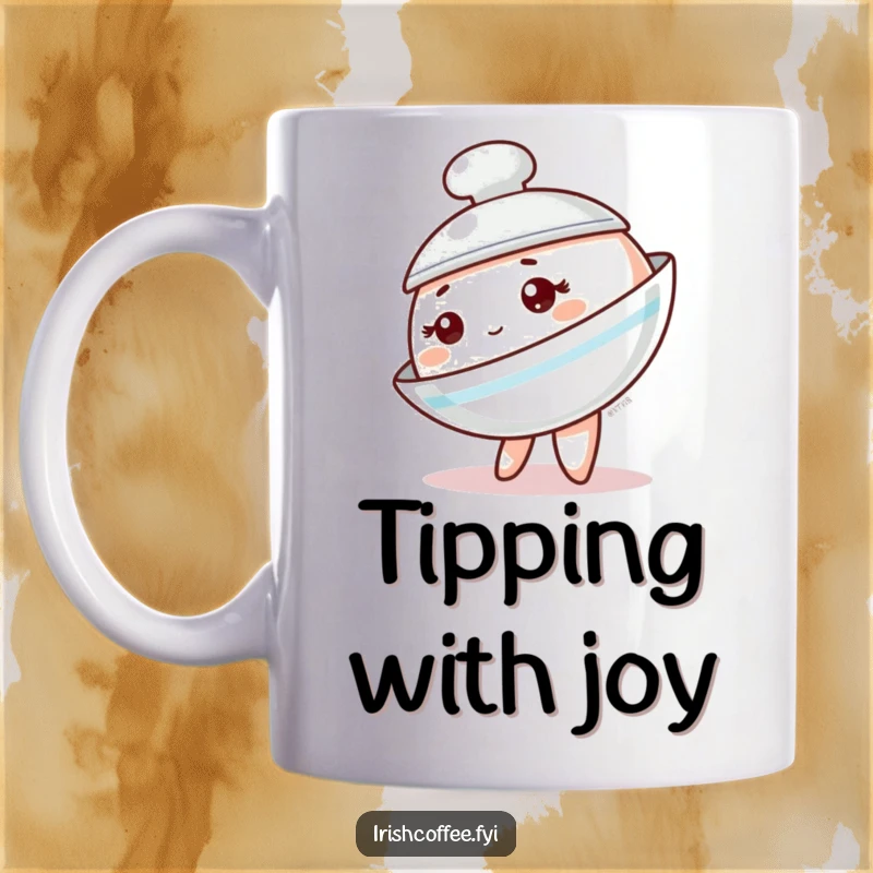 Funny saucer mug featuring a cute tableware character playfully tipping to the side with a charming, off-kilter grin.