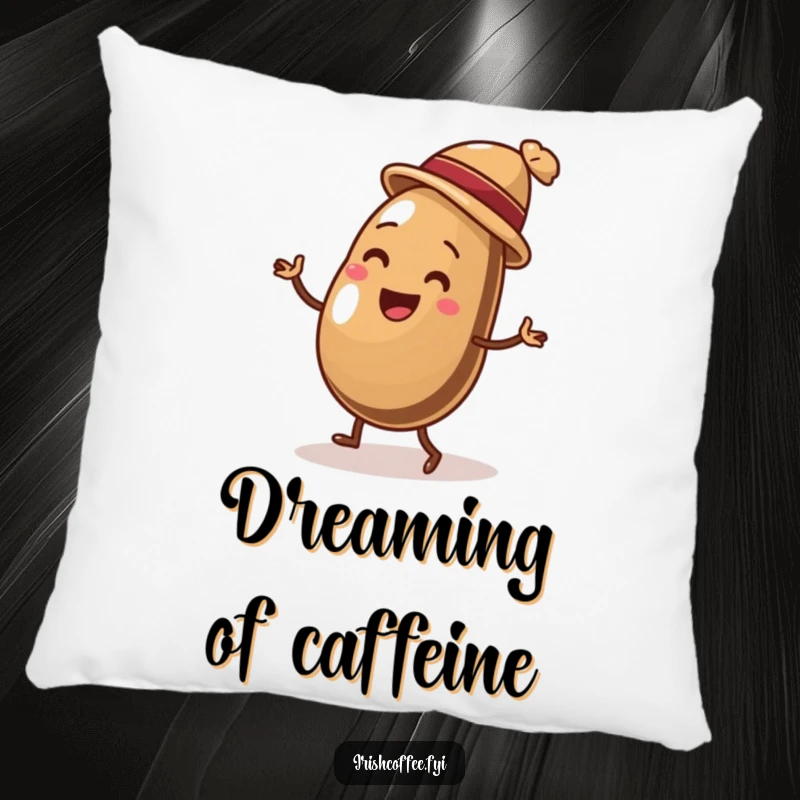 Funny pillow featuring a delighted coffee bean wearing a tiny hat, captured in the middle of a lively, humorous jig, soft and inviting.