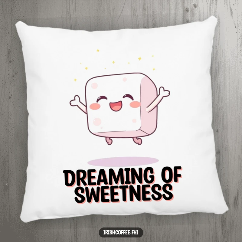 Funny pillow featuring a gleeful sugar cube leaping joyfully, scattering tiny sparkles, soft and inviting with humorous sweetness.