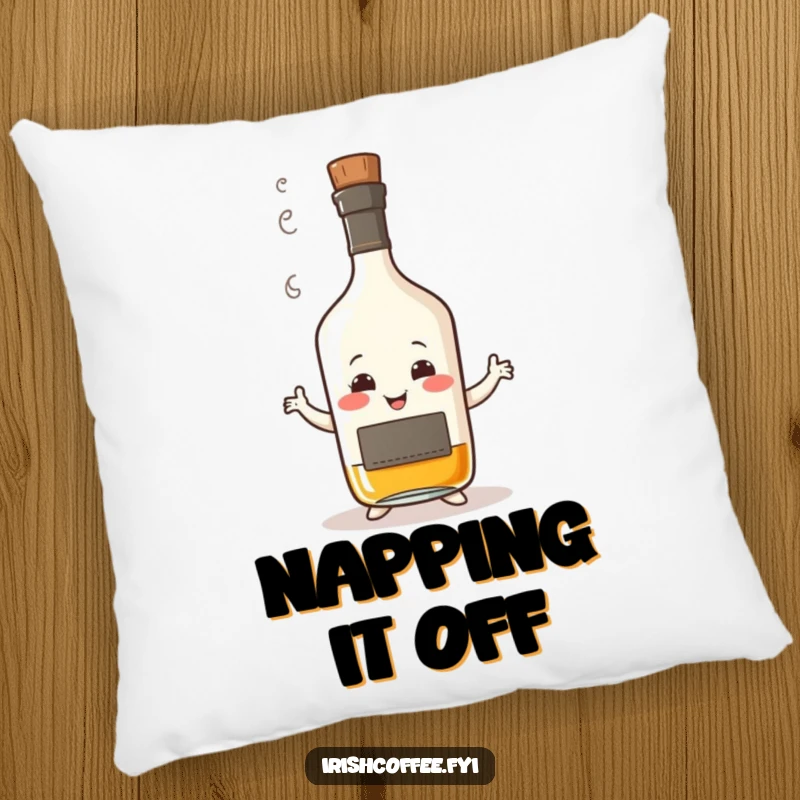 Funny pillow featuring a smiling whisky bottle with steam, captured in a humorous wobbly dance, soft and inviting with spirited charm.