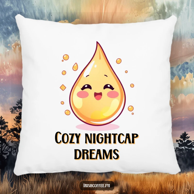 Funny blushing whiskey droplet swirling with excitement on a soft pillow, adding spirited humor to any room.