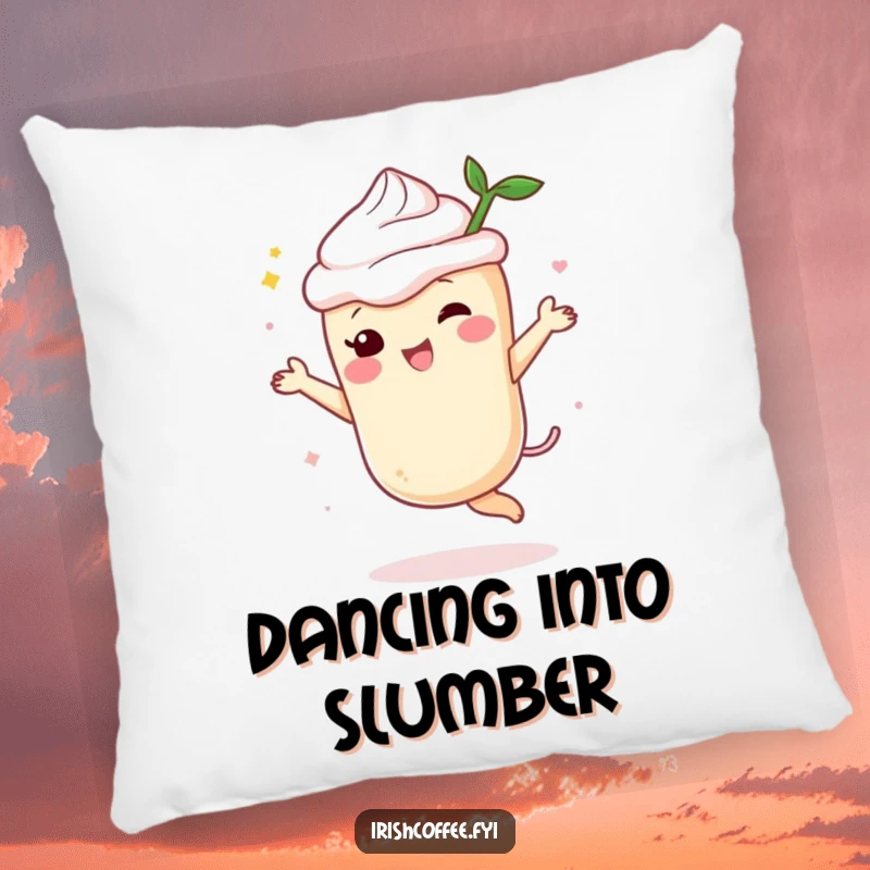 Funny cream liqueur pillow featuring a happy spirit character dancing with delight, offering soft comfort and a festive mood.