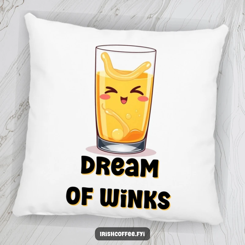 Funny pillow featuring a happy whiskey glass with swirling liquid, slyly winking, perfect for adding comfort and humor.