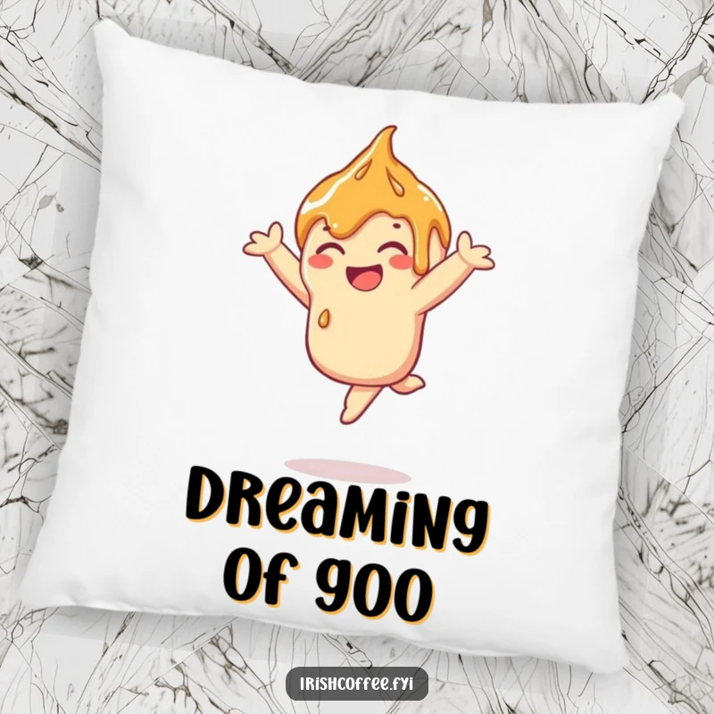 Funny caramel drizzle pillow featuring a smiling drizzle in a playful leap, a soft and sweet decorative accent.