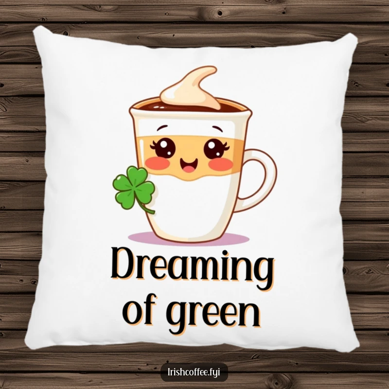 Funny decorative pillow with a cheerful coffee cup character wearing a miniature shamrock, perfect for cozying up with a smile.