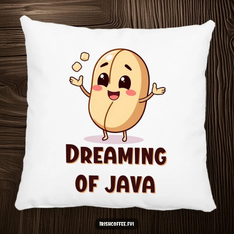 Funny pillow featuring a cheerful coffee bean character juggling sugar cubes, offering cozy comfort and caffeinated humor.