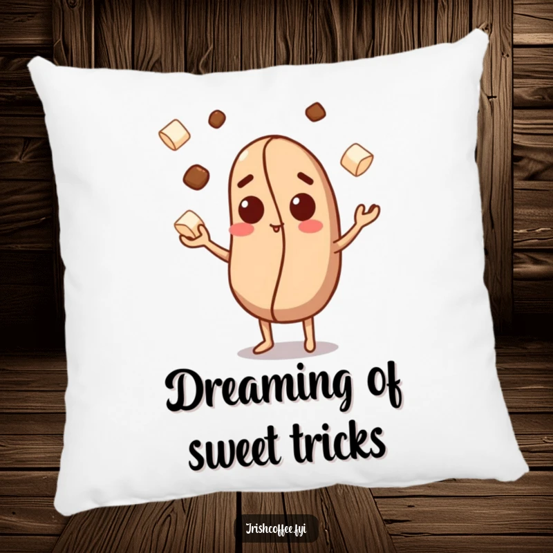 Funny pillow featuring a curious coffee bean character juggling sugar cubes, providing comfort and a playful visual.