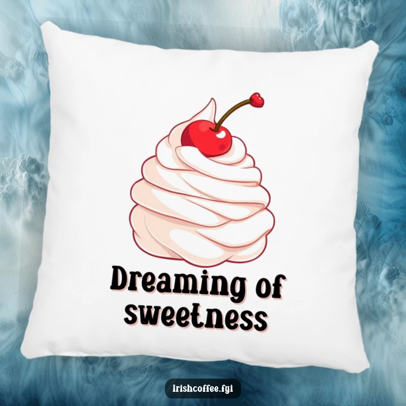 Funny pillow design of a happy whipped cream dollop and a twirling cherry, providing sweet comfort and a touch of humor.