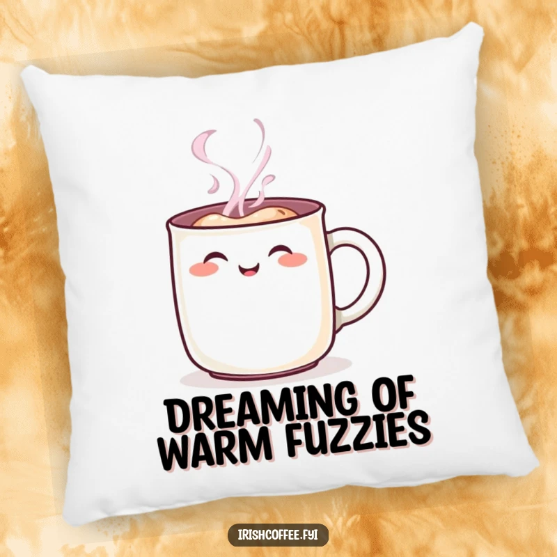 Funny steaming mug character pillow, showcasing a cheerful rosy blush, perfect for comfortable seating and adding humorous charm, great funny gift.