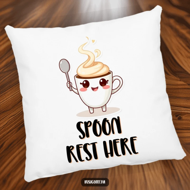Funny pillow with a cute coffee cup character, steaming swirl, and waving spoon, offering comfort and humor.