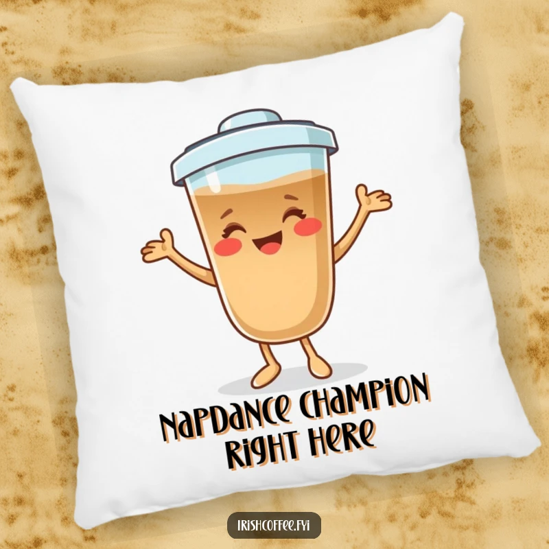 Funny coffee character pillow smiling and dancing playfully, offering soft comfort and a humorous decorative accent.