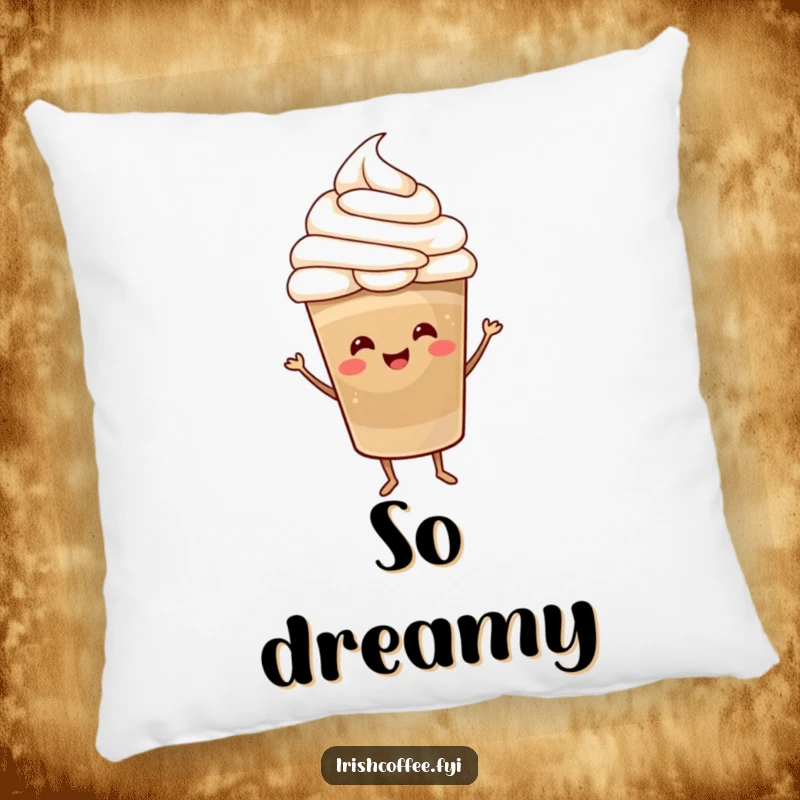 Funny Pillow with a soft texture and a happy coffee cup with a whipped cream hat dancing joyfully, perfect for adding whimsical comfort.