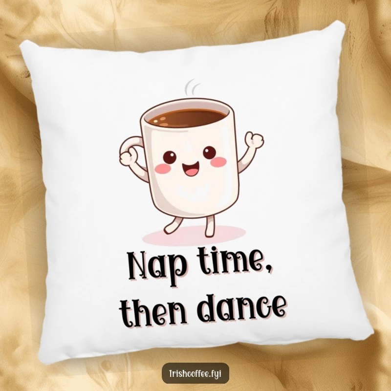 Funny pillow featuring a cheerful coffee mug character doing a happy dance, providing comfort and a touch of coffee humor.
