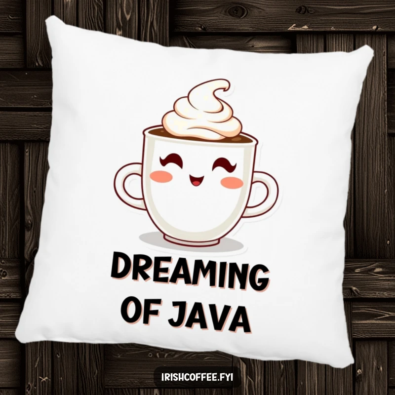 Funny pillow featuring a steaming coffee cup character winking with cream, providing comfort and a touch of coffee humor.