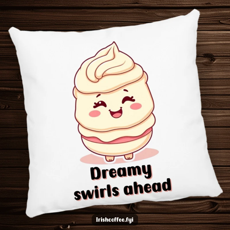 Funny pillow with a cute cream layer character playfully winking with a swirl, offering soft humor.