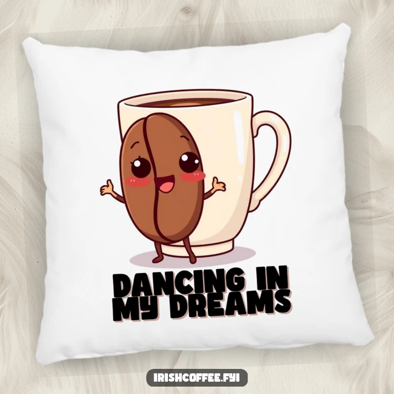 Funny pillow featuring a cheerful coffee bean character dancing joyfully, perfect for adding comfort and a playful touch.