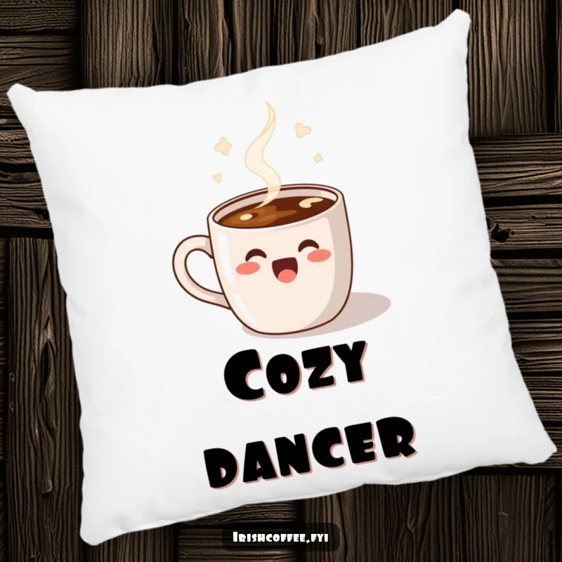 Funny Pillow featuring a delighted coffee mug with cheerful steam doing a lively dance, adding comfort and happy energy.