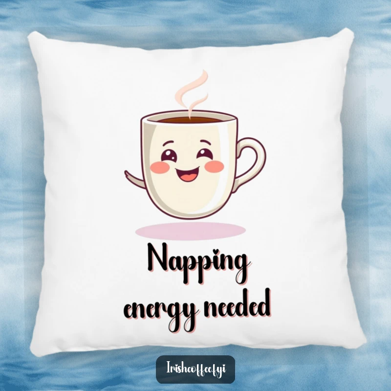 Funny pillow featuring a delighted espresso cup with a steamy grin, playfully spinning, offering cozy comfort and coffee humor.