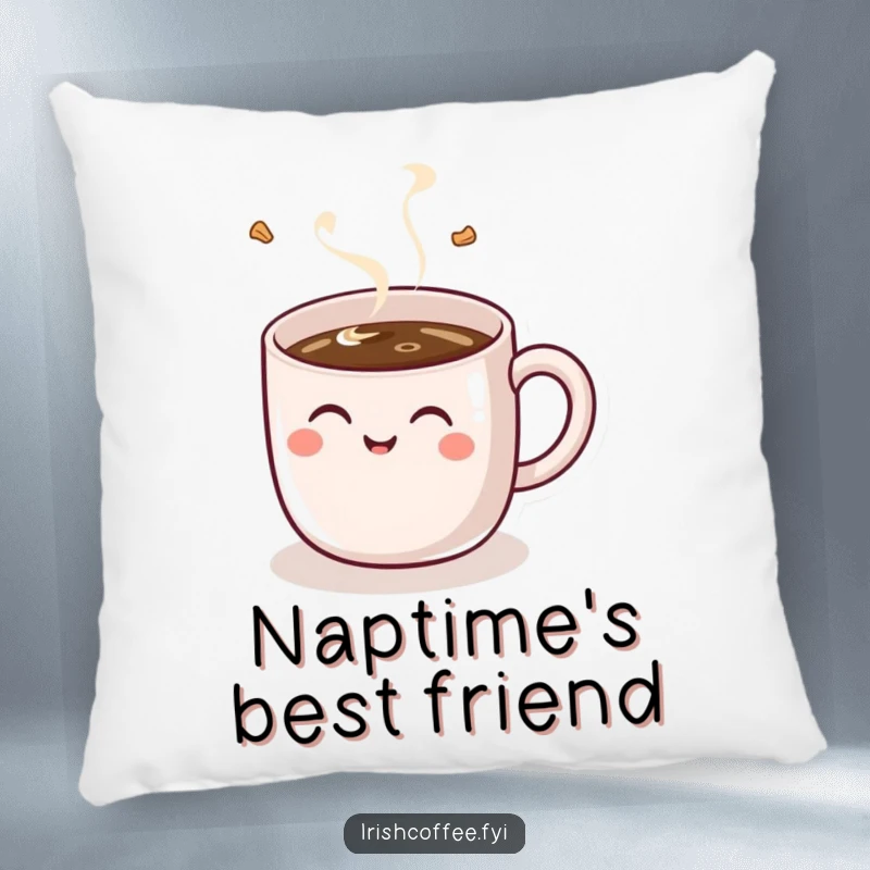 Funny pillow featuring a cheerful coffee mug with a handle, giggling contentedly while being filled, a soft and humorous decor item.