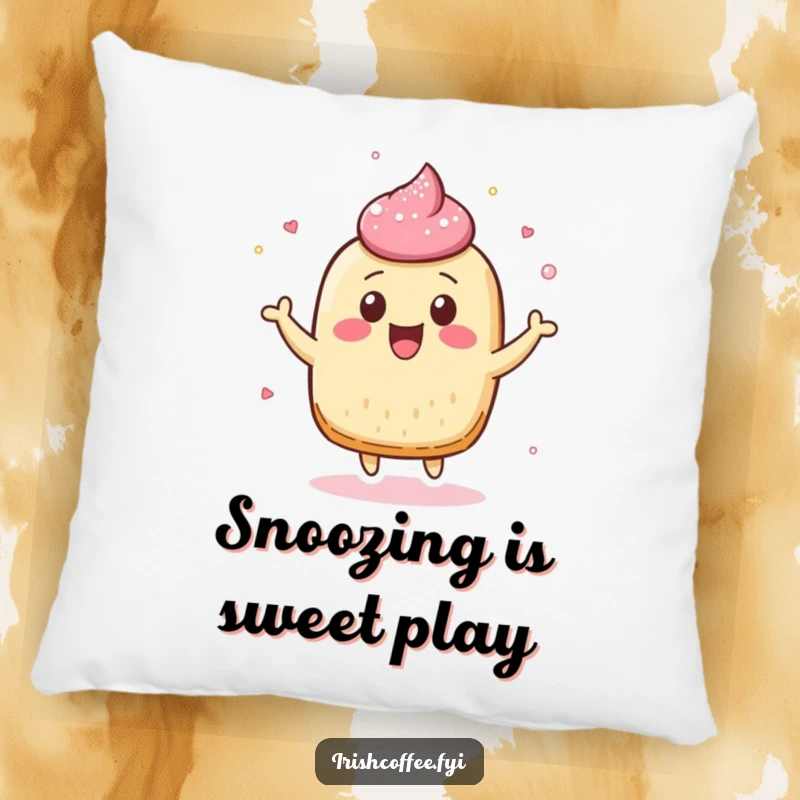 Funny pillow designed with a cheerful pastry character bouncing playfully, its sugar dusting adding a delightful touch.