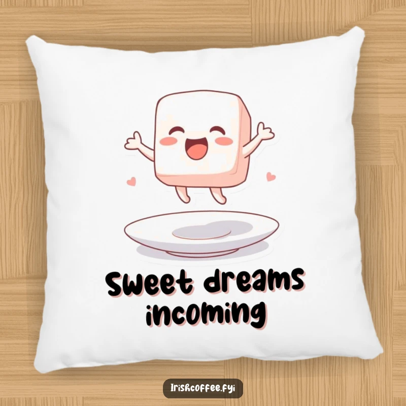 Funny pillow with a cute sugar cube character excitedly jumping on a saucer, offering comfort and sweet humor.