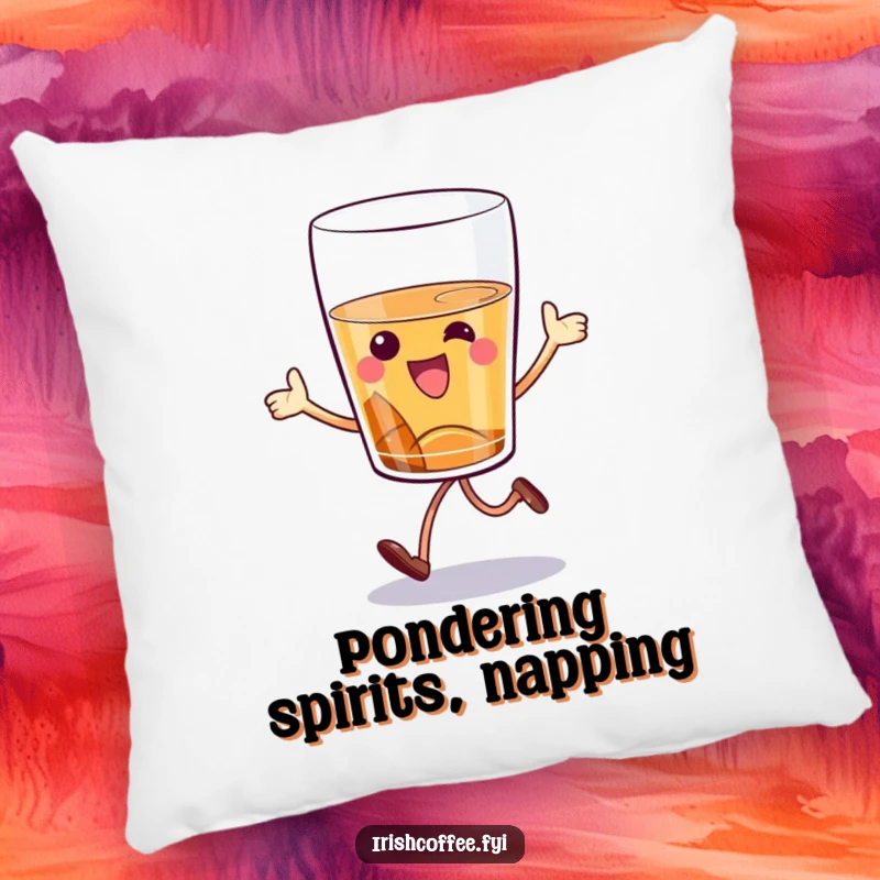 Funny whiskey glass pillow with a cartoon character hopping playfully, offering soft comfort and a humorous decorative accent.