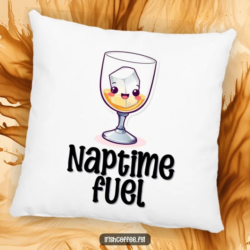 Funny whiskey glass with an ice cube skiing playfully on a pillow, creating a soft and humorous decorative accent.