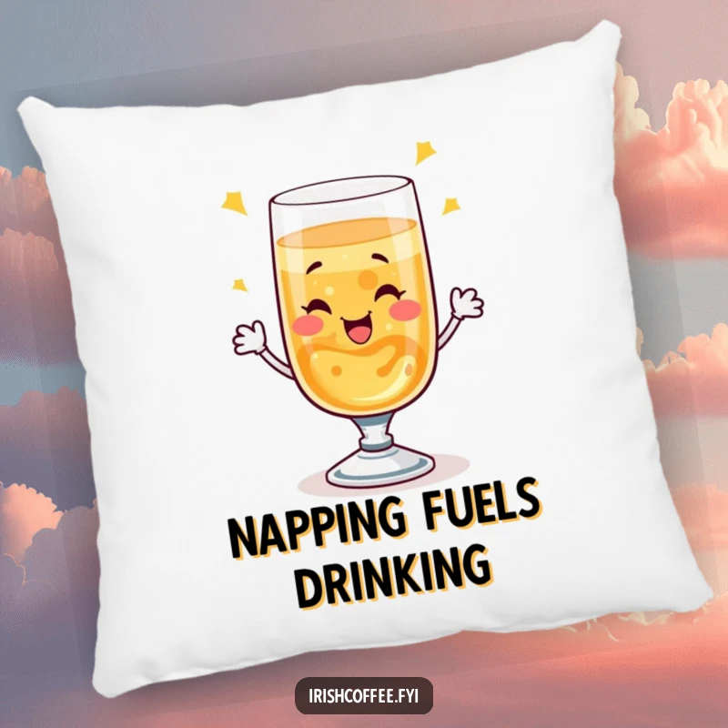 Funny throw pillow with a winking whiskey glass making a bubbly toast, offering comfort and a humorous decorative element.