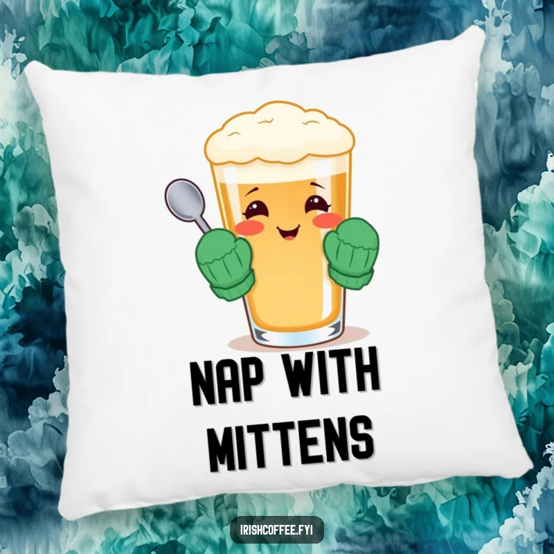 Funny pillow featuring a cheerful Irish coffee glass wearing tiny mittens and holding a spoon, perfect for comfort.