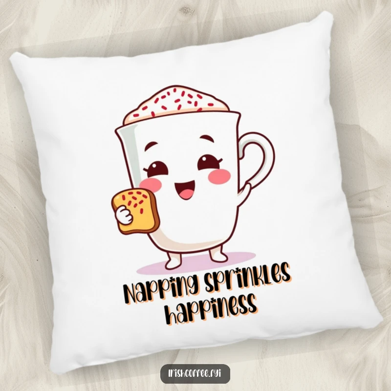 Funny coffee character pillow cheerfully offering a toast with sprinkles, offering soft comfort and a humorous decorative accent.