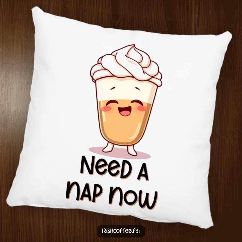 Funny throw pillow with a giggling coffee character, whipped cream hair, and a silly wobble, offering comfort and humor.