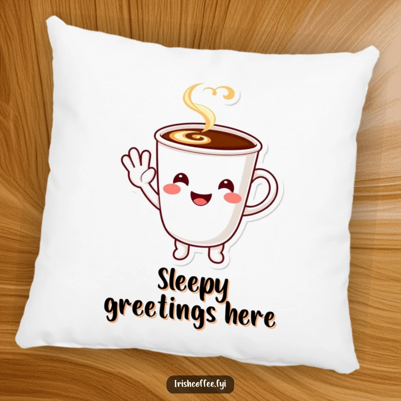 Funny smiling coffee cup character waving a happy greeting, plush pillow for comfort.