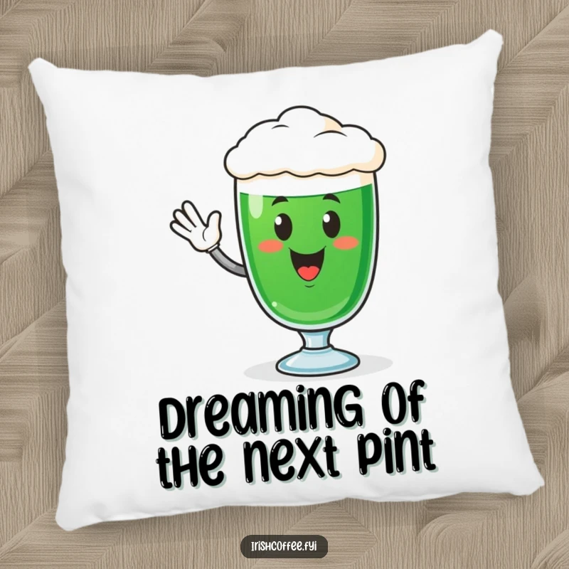 Funny plush pillow with a smiling Irish coffee glass character waving hello, providing comfort and a dose of humor.