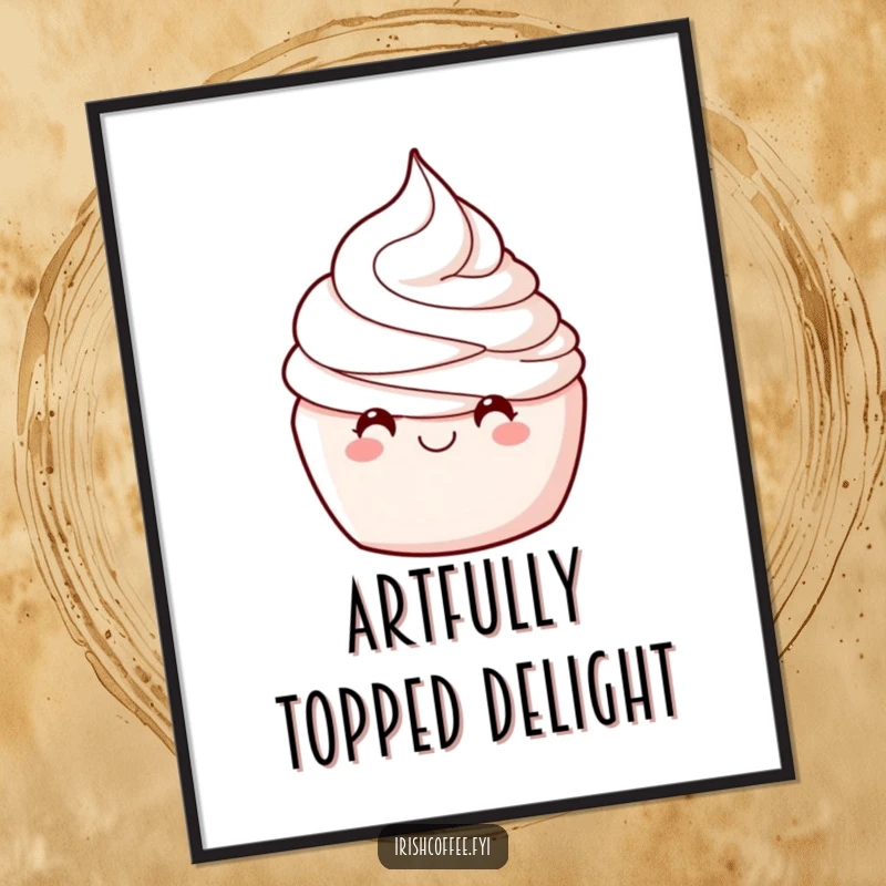 Funny digital art print of a delighted whipped cream swirl winking, ideal for printable wall decor and instant humor downloads.